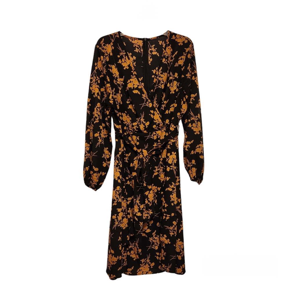 SHEIN CURVE Black And Orange Floral Long Sleeve Wrap DRESS Sz 1XL With Belt